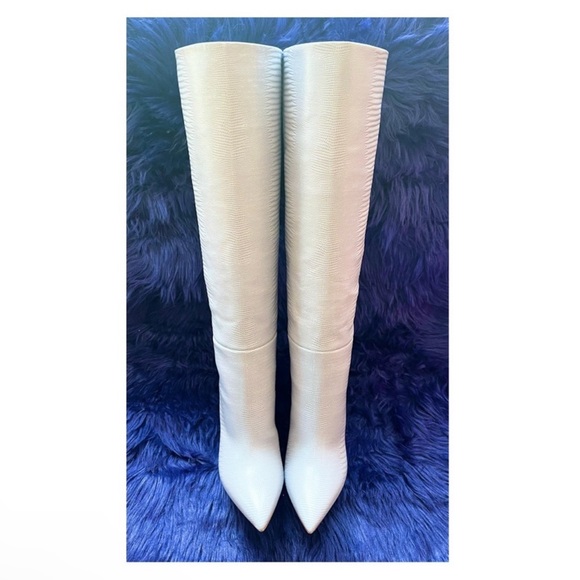 New! PARIS TEXAS 105mm Snakeskin Lizard Effect Knee High Leather Boots in Denim - Picture 11 of 16